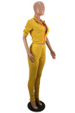 Yellow Zipper Fly Short Sleeve Solid pencil Pants Two-piece suit