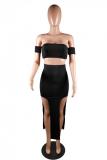 Black Fashion Sexy Solid crop top Split asymmetrical Skinny Two-Piece Dress
