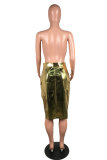 Gold PU Button Fly Mid Patchwork Solid Regular Capris Skirts