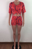 rose red Fashion Casual adult Ma'am Print Two Piece Suits pencil Short Sleeve Two Pieces