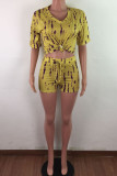 Dark Yellow Fashion Casual adult Ma'am Print Two Piece Suits pencil Short Sleeve Two Pieces
