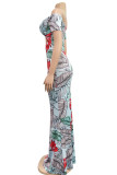 Red Sexy Off The Shoulder Short Sleeves One word collar Swagger Floor-Length Print Patchwork Colouring hollow out Dresses