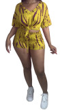 Yellow Fashion Casual adult Ma'am Print Two Piece Suits pencil Short Sleeve Two Pieces