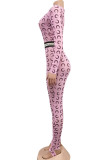 rose red Fashion Sexy Print Long Sleeve O Neck Jumpsuits