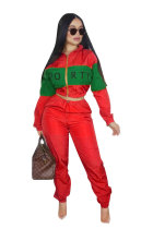 Red Polyester Elastic Fly Long Sleeve Mid Letter Patchwork Straight Pants 