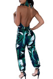 Green Sexy Fashion Backless Patchwork Print Sleeveless Slip V Neck Jumpsuits