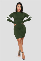 Army Green Sexy Fashion Long Sleeves Turtleneck Pencil Dress Knee-Length  Club Dresses
