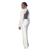White Fashion Sexy Cap Sleeve Long Sleeves V Neck Asymmetrical Ankle-Length  Club Dresses