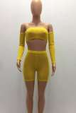 Yellow Elastic Fly Short Sleeve Mid Solid crop top shorts Two-piece suit