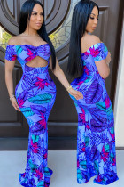 Blue Sexy Off The Shoulder Manga Curta Gola com uma palavra Swagger Estampado no chão Patchwork Coloração Vestidos ocos