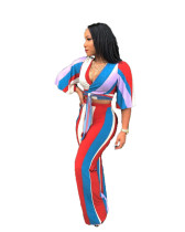 Multi-color Elastic Fly Mid Striped Loose Pants  Two-piece suit