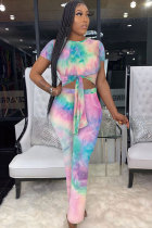 Multi-color Fashion Sexy Patchwork Print Polyester Short Sleeve O Neck  Jumpsuits