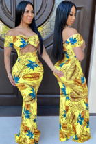 Yellow Sexy Off The Shoulder Short Sleeves One word collar Swagger Floor-Length Print Patchwork Colouring hollow out Dresses