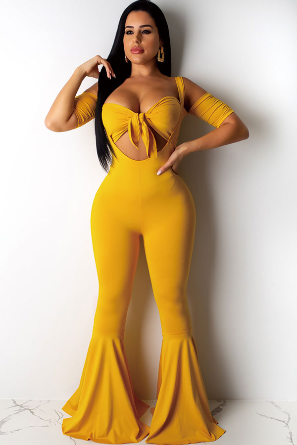 

Yellow Polyester Fashion Sexy Patchwork Solid Boot Cut Short Sleeve Two-piece Pants Set