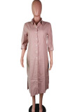 Светло-розовое модное повседневное однотонное платье-рубашка с отложным воротником и длинными рукавами