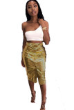 Золотые однотонные юбки-капри средней длины из искусственной кожи с пуговицами в стиле пэчворк