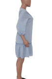 Bleu clair mode madame manches à volants col rond une jupe feuille genou-longueur robes à volants solides