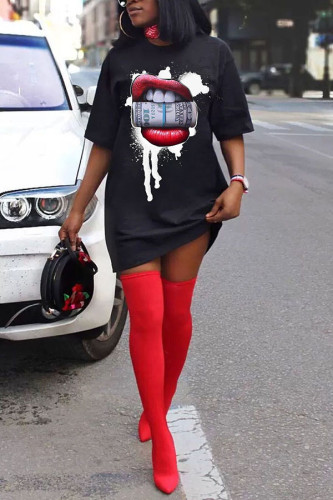 Black Fashion Casual adult Ma'am Cap Sleeve Short Sleeves O neck Swagger Knee-Length Print Dresses