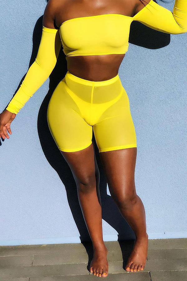 Yellow Elastic Fly Short Sleeve Mid Solid crop top shorts Two-piece suit