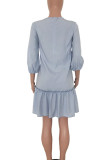 Светло-голубые модные мэм с оборками и круглым вырезом, юбка в виде листьев длиной до колен, однотонные платья с оборками