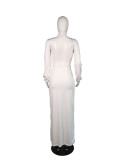 White Fashion Sexy Cap Sleeve Long Sleeves V Neck Asymmetrical Ankle-Length  Club Dresses