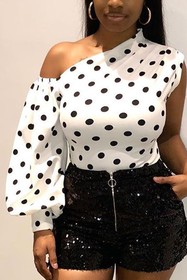 

White Black One Shoulder Collar Long Sleeve Print Tops