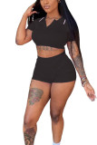 Black Fashion Sexy Patchwork Skinny Short Sleeve Two Pieces