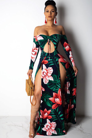Navy Blue Sexy Fashion Off The Shoulder Long Sleeves Wrapped chest Step Skirt Ankle-Length Print split Patchwo