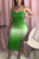 Verde Moda Sexy adulto Señora Spaghetti Strap Sin mangas Slip Step Falda Media pantorrilla Ombre vestidos sin espalda