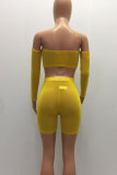 Pantaloncini crop top a tinta unita a manica corta con volant elastico giallo Abito a due pezzi