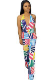 Witte Sexy Mode Print Patchwork Mouwloze Slip Jumpsuits