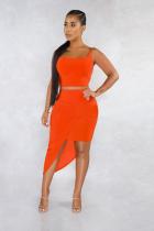 Orange Sexy Fashion Slim fit Two Piece Suits asymmetrical Solid perspective Regular Sleeveless T