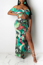 Green Lightly cooked Sleeveless Swagger Ankle-Length Print Tie and dye ruffle Dresses