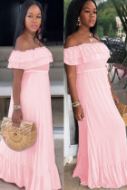 Pink Sexy Fashion Off The Shoulder Short Sleeves One word collar Step Skirt Floor-Length Solid
