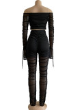 Black Fashion Sexy adult Ma'am Patchwork Solid Two Piece Suits pencil Long Sleeve Two Pieces