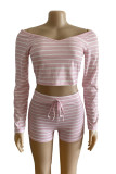 Pink Sexy Striped Print pencil Long Sleeve Two Pieces
