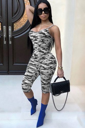 Grey Fashion Sexy Print Camouflage Patchwork Sleeveless Slip  Rompers