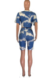 Blue venetian Fashion Casual adult Ma'am Print Tie Dye Two Piece Suits Straight Short Sleeve Two Pieces