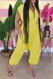 Yellow Sexy Patchwork Hollow Solid Chemical fiber blend Short Sleeve V Neck Jumpsuits
