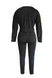 Zwarte elastische gulp, hoge patchwork-potloodbroek met lange mouwen, tweedelig pak