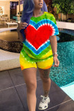 Blue Cute Fashion Casual Print Two Piece Suits Geometric Patchwork Gradient Striped Loose Short
