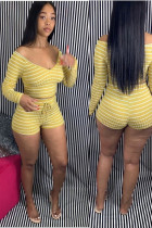 Yellow Sexy Striped Print pencil Long Sleeve Two Pieces