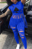 Синий Молочный Шелк Мода для взрослых Ma'am Street Print Отверстие кисточкой Костюмы из двух частей карандаш с коротким рукавом Две части