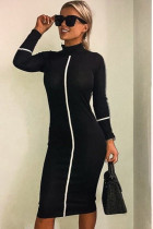 Schwarze Sexy Cap Sleeve Long Sleeves O-Neck Step Rock Mid-Calf Solid Long Sleeve Dresses