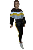 Zwarte elastische gulp, hoge patchwork-potloodbroek met lange mouwen, tweedelig pak