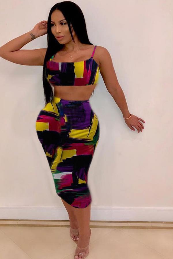 Meerkleurige sexy mode-casual patchwork-print, normale tweedelige jurk