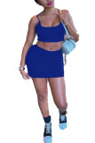 Синий модный повседневный взрослый мэм, однотонный костюм из двух предметов, юбка трапециевидной формы, без рукавов, из двух предметов