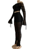 Black Fashion Sexy adult Ma'am Patchwork Solid Two Piece Suits pencil Long Sleeve Two Pieces