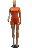 Оранжевый модный повседневный костюм из двух предметов для взрослых, мэм с буквенным принтом, прямые, с коротким рукавом, из двух предметов