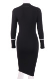 Schwarze Sexy Cap Sleeve Long Sleeves O-Neck Step Rock Mid-Calf Solid Long Sleeve Dresses